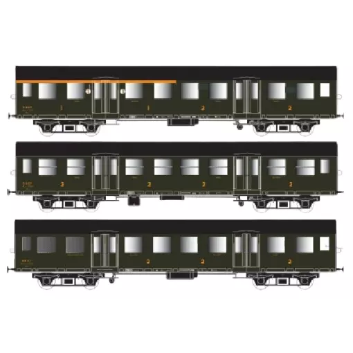 Set di 3 carrozze Romilly - ABTMYP + BTMYFP + BDTMYP - Verde - Telaio nero - SNCF - EP. III - EPM 41.33.08 - HO : 1/87