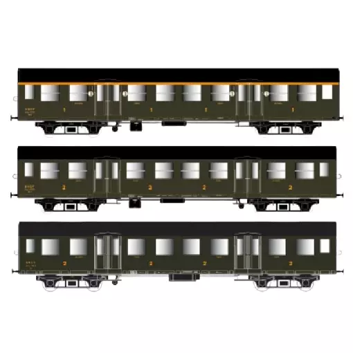 Set di 3 carrozze Romilly - ATMYP+BTMYFP+BTMYP - Telaio verde + nero - SNCF - EP. III - EPM 41.33.09 - HO : 1/87
