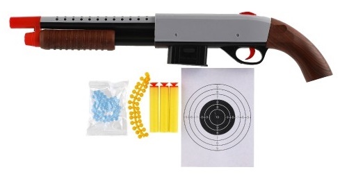 Fucile/fucile 46 cm plastica + pallini acqua 6 mm, cartucce in schiuma, pallina in gomma.