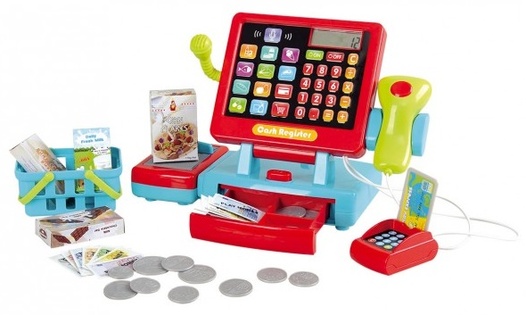 Registratore di cassa touch con accessori in plastica su batterie con suono in una scatola