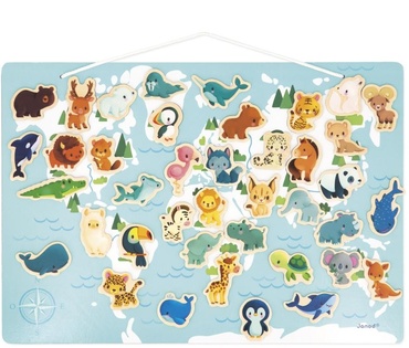 Janod Gioco magnetico per bambini Mappa Animali del mondo 40 magneti