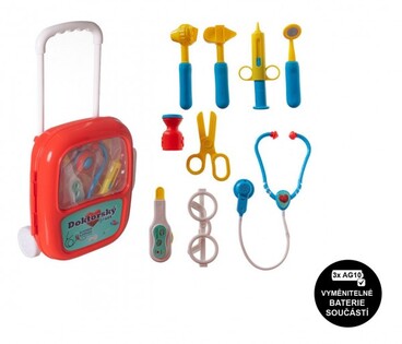 Set medico/medico in plastica con stetoscopio a batteria in custodia di plastica con ruote