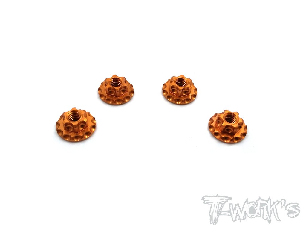 Dadi autobloccanti M4 Large-Contact colori selezionabili,TA-089 Alum Large-Contact Serrated Flanged Wheel Nuts (4pcs.)-Orange