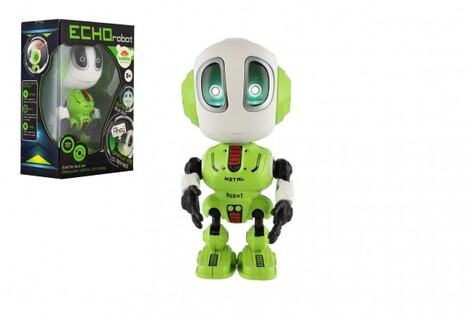 Robot ECHO che ripetere frasi, metallico, 12 cm, verde, a batteria con suono e luce.