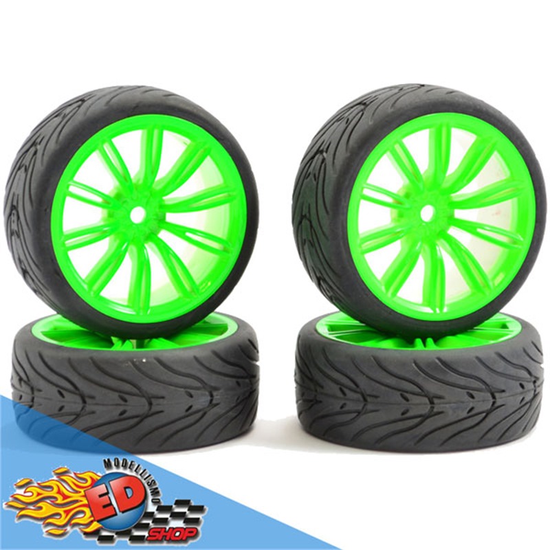 FASTRAX Gomme Strada 1/10 montate su cerchio Verde Fluo 20 raggi (4) - [FAST0076G]
