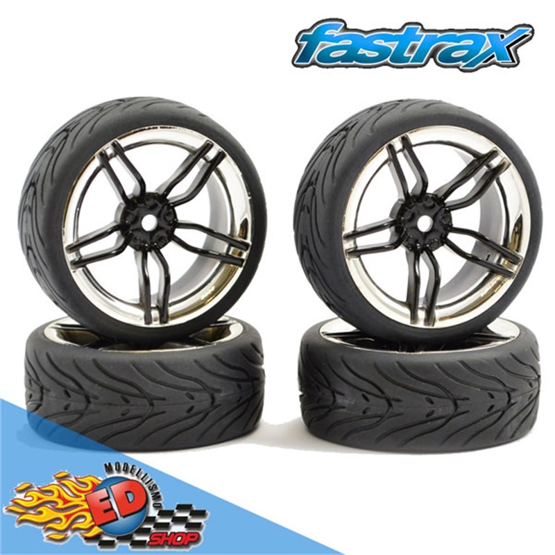 FASTRAX Gomme Strada 1/10 montate su cerchio Nero-Cromo 10 raggi (4) - [FAST0096BC]