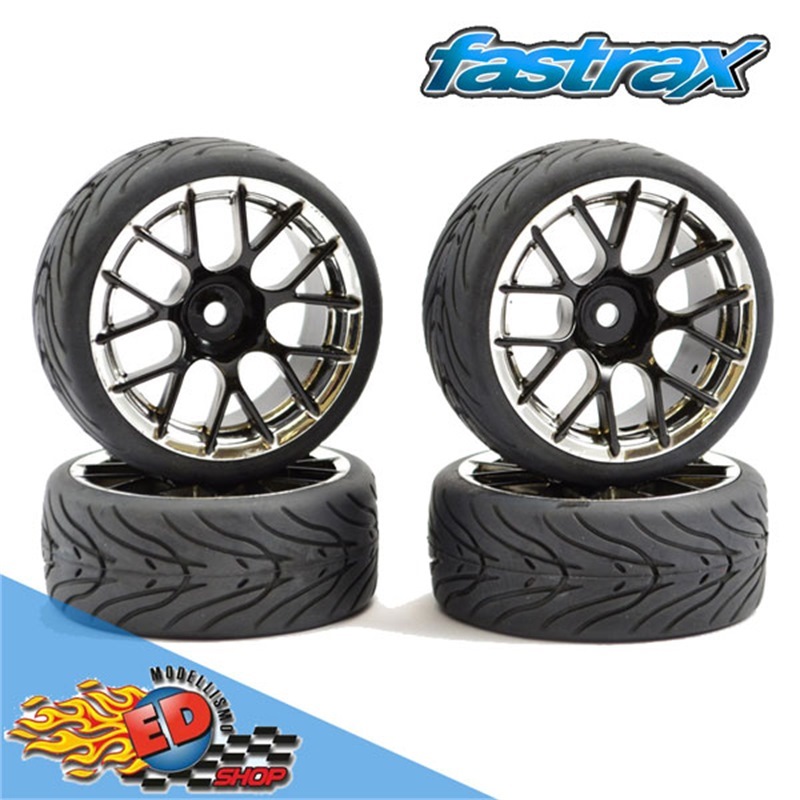 FASTRAX Gomme Strada 1/10 montate su cerchio Nero-Cromo 14 raggi (4) - [FAST0097BC]